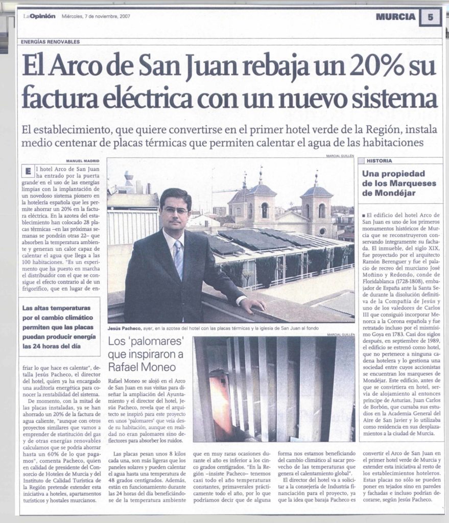 Noticia de instalación termodinámica en Hotel Arco de San Juan, Murcia.