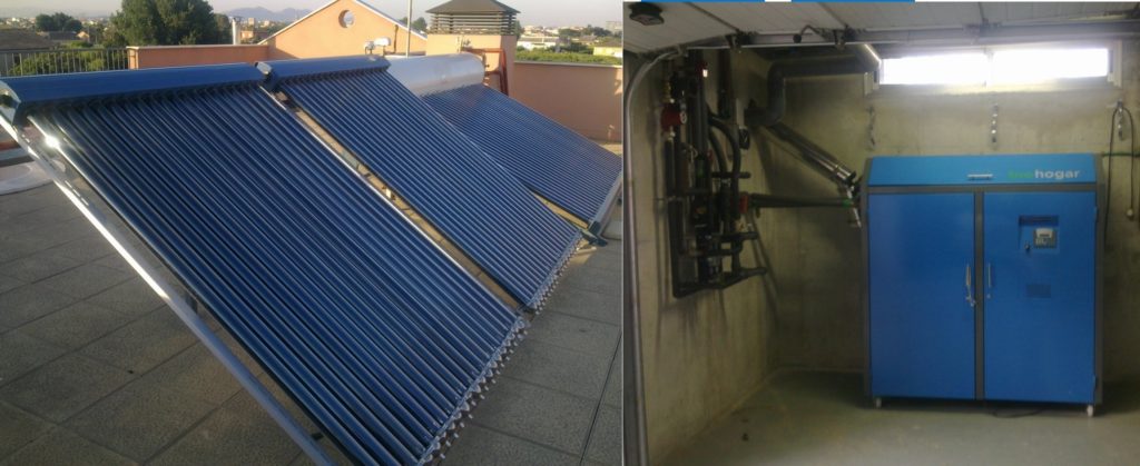 Placas solares tubo de vacío heat pipe + caldera de biomasa para calefacción, ACS y piscina en chalet de Murcia.