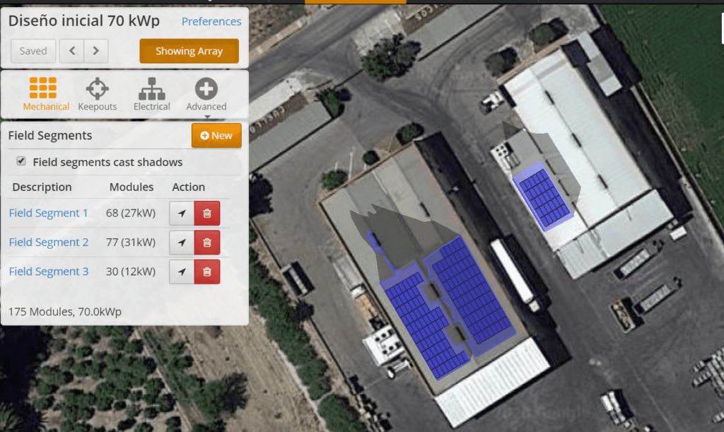 Diseño instalación solar autoconsumo. Vista en planta de la instalación