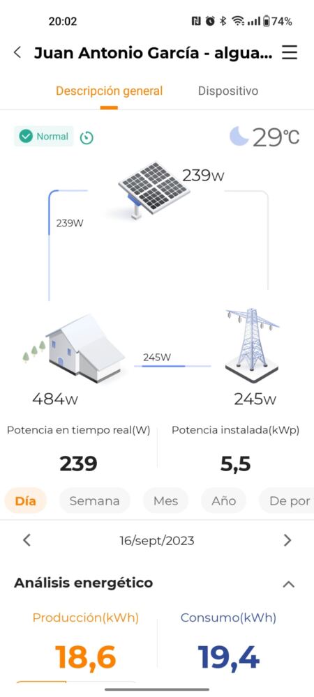 Monitorizacióninversor Sungrow autoconsumo placas solares en Alguazas, generación placas solares instantánea