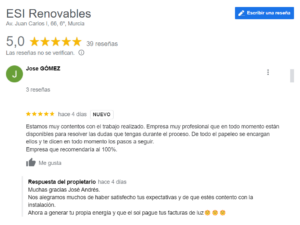 Reseña cliente autoconsumo con placas solares en Villanueva del Segura, Archena