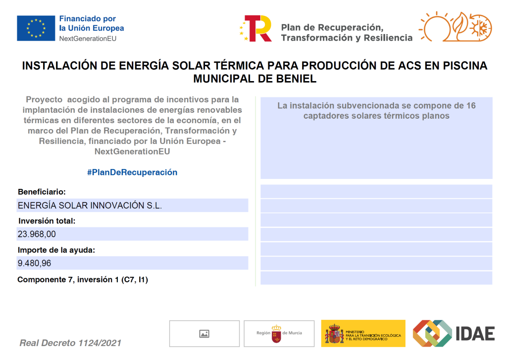 CARTEL JUSTIFICATIVO SUBVENCIÓN INSTALACIÓN SOLAR TÉRMICA EN PISCINA MUNICIPAL DE BENIEL