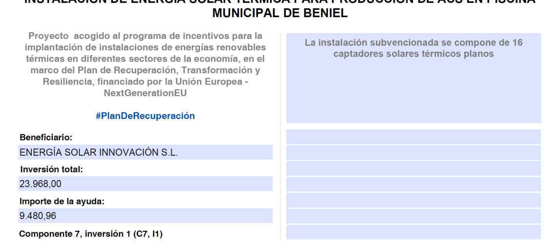 CARTEL JUSTIFICATIVO SUBVENCIÓN INSTALACIÓN SOLAR TÉRMICA EN PISCINA MUNICIPAL DE BENIEL