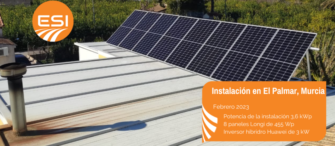 Paneles solares inclinados sobre cubierta de panel sandwich en El Palmar, Murcia, ESI Renovables